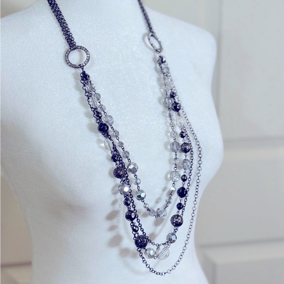 Extra Long Black and Silver Multi Strand Layered Statement Necklace Vintage - Picture 1 of 7